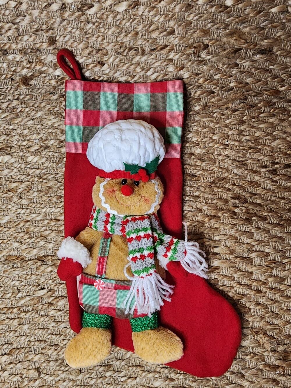 NEW Gerson 17.3" Fabric Holiday Gingerbread Man Christmas Stocking Red 3D